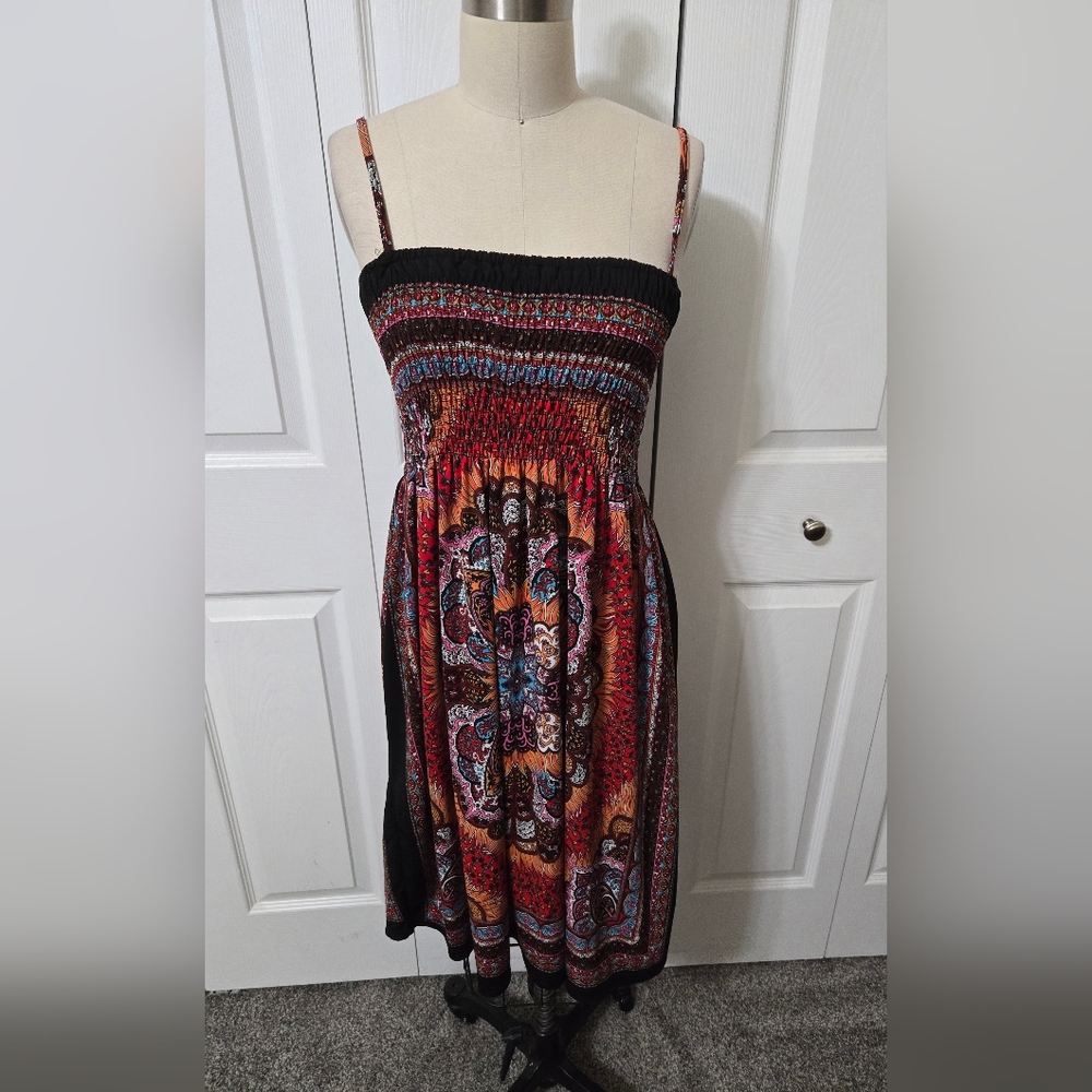 Mandala Multicolored Sun Dress, Hankerchief Hem, Small, Excellent Condition